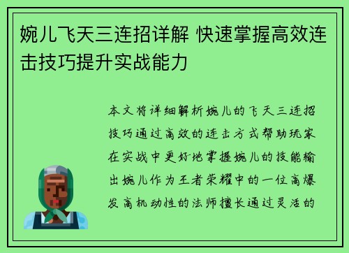 婉儿飞天三连招详解 快速掌握高效连击技巧提升实战能力